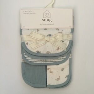 NEW Snug Bibs and Burp Cloths 5pc Set Dinosaurs Stripes and Solid Blue